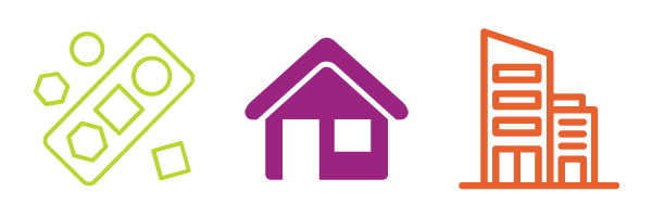 A grouping of the three child care icons (Blocks, House, and Buildings)