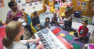 Two woman, one with a drum and the other with a keyboard, are teaching music class to six children sitting on the floor